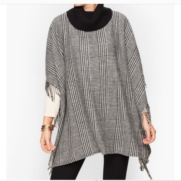 Talbot's Houndstooth Checkered Cowl Neck Turtleneck Fringe Poncho Cape Shawl M/L - Picture 8 of 8